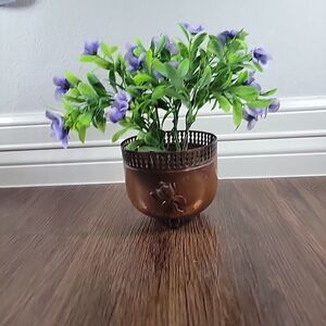 Vtg Copper Planter Brass Trim Embossed Flowers Ball feet 4.5 x 3.5” Art Nouveau